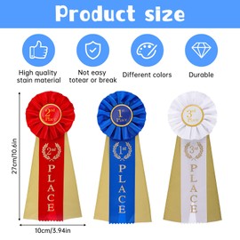 3 Pcs Award Ribbons Rosette Ribbon 1st 2nd 3rd Place Winner Ribbon Participation Medal for Classroom Certificate Prizes, Blue, Red, White,10.5 x 4 Inch