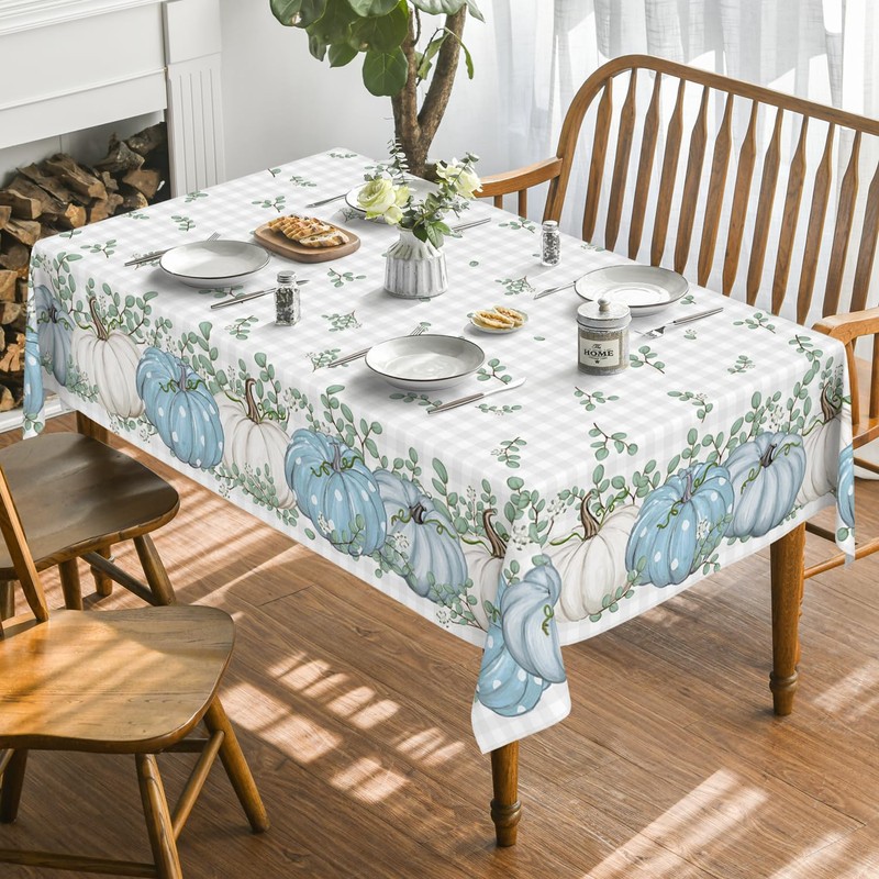 Artoid Mode Buffalo Plaid Blue Pumpkins Eucalyptus Autumn Table Cloth,