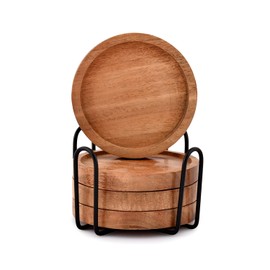 EDHAS Acacia Wood Round Coasters Set of 4 With Iron holder for Drinks, Tabletop Protection for Any Table Type for Bar Kitchen Home Apartment (10.16cm x 10.16cm x 1.27cm)