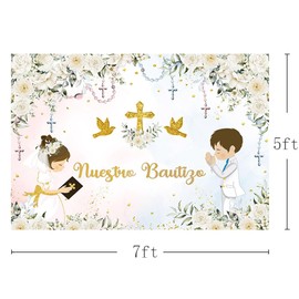 MEHOFOND Floral Nuestro Bautizo Baptism Backdrop for Boy and Girl Siblings First Holy Communion Banner God Bless Christening Party Photography Background Banner Sign Photo Booth Props 7x5ft
