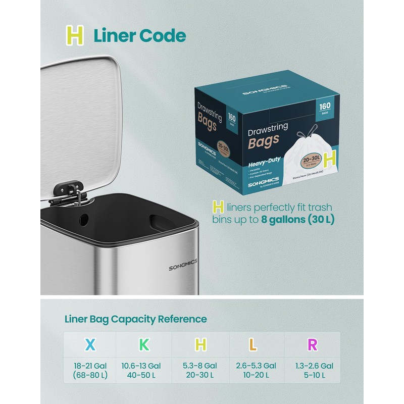 SONGMICS Trash Bags for 8-Gallon (30 L) Trash Cans, Drawstring