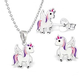 Goldene Hufeisen Mini Small Unicorn Children's Jewellery Set 925 Sterling Silver Girls Necklace Earrings Horses Pegasus, Sterling Silver Sterling Silver enamel, Not applicable