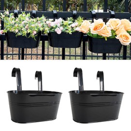 Joyfernal 12" Balcony Railing Planters, Outdoor Hanging Planter for Fence, Stylish Metal Porch Deck Flower Pot for Herbs & Succulents (Black, Pack of 2)