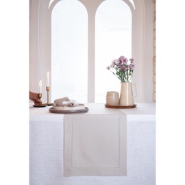 D'Moksha Homes Linen Table Runner 14 x 84 Inch - 100% Pure Linen Classic Hemstitch Silver Grey Table Runner - Machine Washable Farmhouse Table Runner for 4th of July