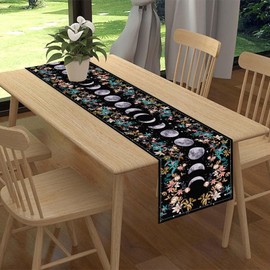 Boho Floral Moon Table Runner,Spring Flower Leaves Seasonal Mystical Gothic Sun Moon Kitchen Dining Table Decoration for Home Party Decor,13 x 36 Inches