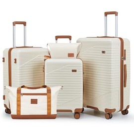 NEISIA Luggage Sets 3 Piece, Expandable Hard Shell Carry on Suitcase with Spinner Wheels and TSA Lock, Travel Lightweight Luggage Set with YKK Zippers (Beige, 5 piece sets（20/24/28/DB/TB)