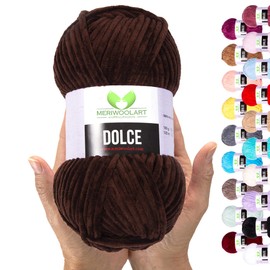 MeriWoolArt Chenille Yarn for Knitting and Crocheting Sage Green - 100 g and 120 m Velvet Wool - 100% Fluffy Polyester Knitting Yarn for Amigurumi Pillows Blankets Soft Clothing Gifts