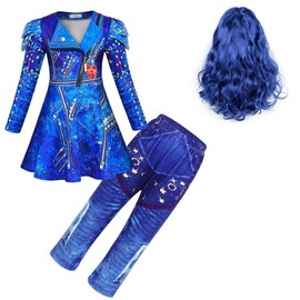 Sukyfecde Descendants Evie Costume for Girls Birthday Party Outfits Christmas Dress Up Cosplay Role Play Clothes Set Size 10 Blue