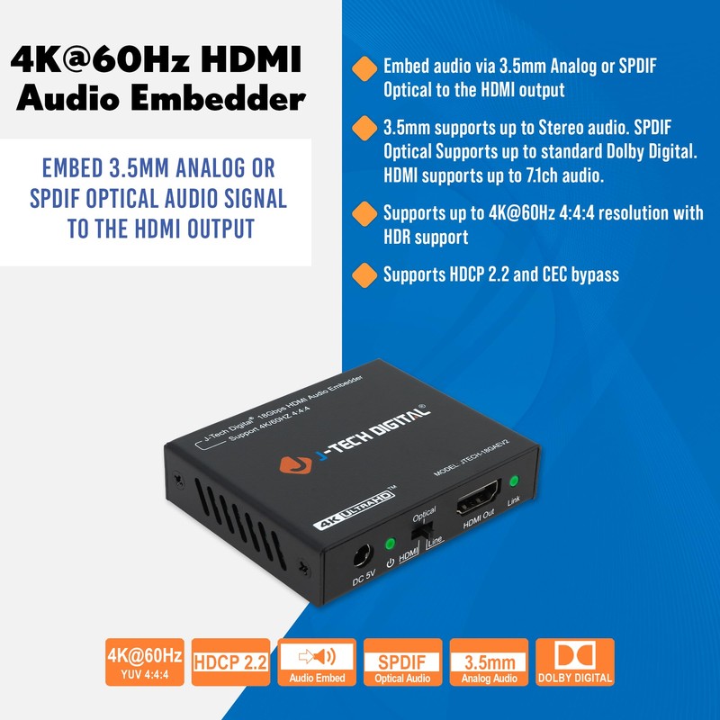 J-Tech Digital 18Gbps Digital/Analog Audio HDMI Embedder Inserter Support 4K@60Hz