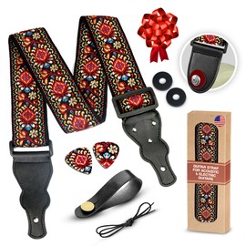 Guitar Strap For Acoustic Guitars , Electric Guitars and Bass , Red Vintage Woven Embroidered Adjustable Strap, Christmas Gift & Stocking Stuffer Includes 2 Picks + Strap Locks + Strap Button