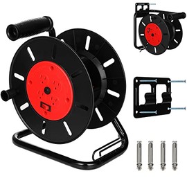 Suraielec Extension Cord Reel with 4 Outlets, 15 AMP Breaker, Wall Mount / Portable Empty Hand Crank Electric Cable Roller Holder Metal Stand, Holds 100 ft 16/3, 14/3 or 75ft 12/3 Cord, ETL Listed