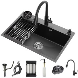 Kitchen Sink Single Bowl Farmhouse Utility Sinks Three Hole Black Stainless Steel Sink With Cup Washer, Soap Dispenser, Faucet, Drainage Kit For Bar, Kitchen, Balcony (19.7 * 17.7in)