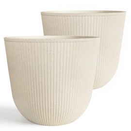 Worth Garden Round Large Planter Pot Set of 2-17.5" Dia x 15.5" H - Durable Plastic Beige Plant Tree Pots with Vertical Stripe Textured Finish, Drainage Hole for Indoor, Outdoor, Front Porch, Patio