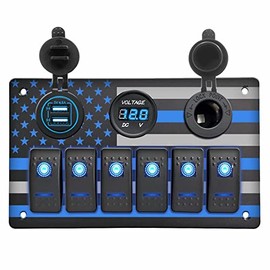 Jamgoer 6 Gang Rocker Switch Panel,LED 5 Pin ON/Off Switch Panel with 5V/4.8A Dual USB +Digital Voltmeter+ Power Socket,for Marine Boat Car Rv Vehicles (Blue)…