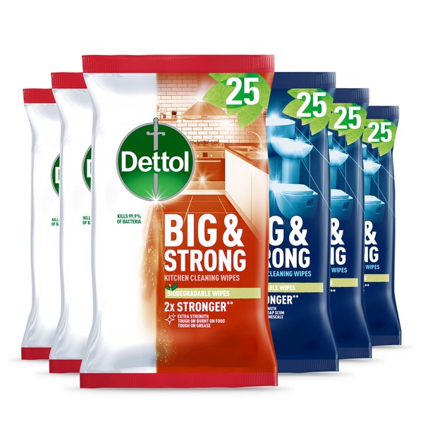 Dettol Antibacterial Biodegradable Kitchen And Bathroom Cleaning Wipes, Pack Of 3 X Power Pure Wipes 25 Per Pack, 150 count, Pack of 6