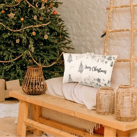 Christmas Decor Pillow Covers 18x18 Set of 2 Merry Christmas White Silver Winter Decorations Christmas Trees Ornaments Snowflakes Throw Cushion Cases for Couch Sofa Home
