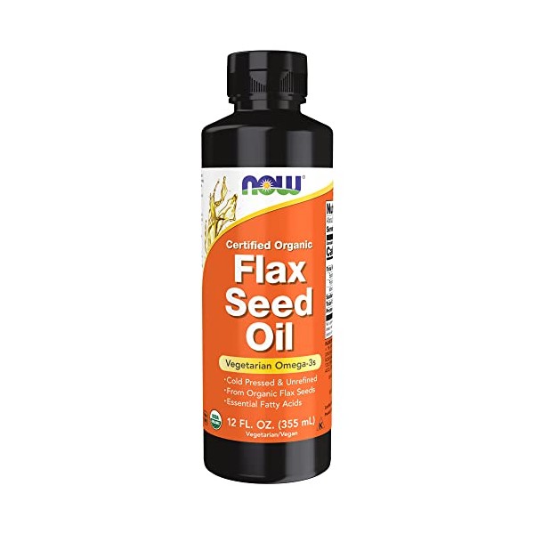 NOW Supplements, Certified Organic Flax Seed Oil Liquid, Cold-Pressed and Unrefined, 12-Ounce