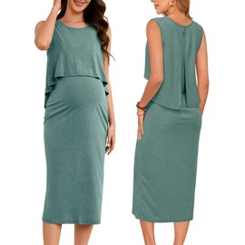 OUGES Women's 2025 Summer Spring Maternity Dress Clothes Pregnancy Must Haves Tank Sleeveless Crew Neck Midi Double Layer Nursing Dress for Breastfeeding Night Gown Daily wear Outfits(Gray Green,L)
