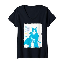 Womens Samurai Cat Japanese Art Funny Anime Manga Graphic V-Neck T-Shirt