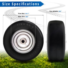 2Pcs Premium 11x4-5 Flat Free Tire and Wheel for Lawn Mowers & Zero Turn Mowers, with 3/4" & 5/8" Grease Bushing and 3.4"-4.8" Centered Hub, Solution for Commercial Grade Lawns/Garden Turf（11x4-5）
