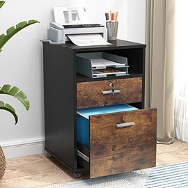 Tribesigns 2 Drawer Mobile File Cabinet with Lock, Wood Modern Filing Cabinet for Letter Size, Printer Stand with Rolling Wheels and Open Storage Shelf for Home Office(Rustic Brown)