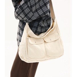 Canvas Messenger Bag Large Hobo Crossbody Bag with Multiple Pockets Casual Shoulder Tote Bag Grocery Bag for Women and Men (White)