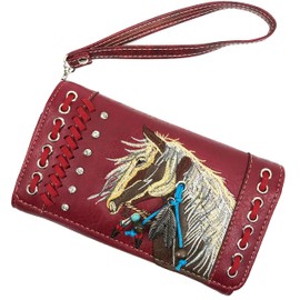 Justin West Dales Pony Horse Embroidery Mane Western Country Women's Crossbody Wallet (Red)