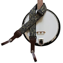 MUSIC FIRST, 2 inch width (5cm), Padded, Vintage Ukiyoe Style"Auspicious Cloud" Soft Muslin & Genuine Leather Delux Banjo Strap, With 2 pieces of MUSIC FIRST Leather Strap Locker.