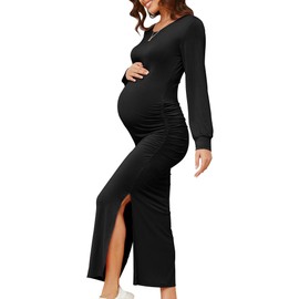 LUOFEN Women's Maternity Dress Long Sleeve Bodycon Midi Dresses Split Maternity Dress for Baby Shower Fall Pregnancy Clothes,Black L