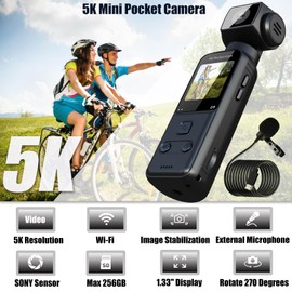 YONDENE Body Camera 5K with External Microphone, Mini Video & Audio Pocket Cam 270° Rotation Camera for Outdoor Sport, Bike, Travel, Police Law Enforcement, Personal Civilians, 128GB Included