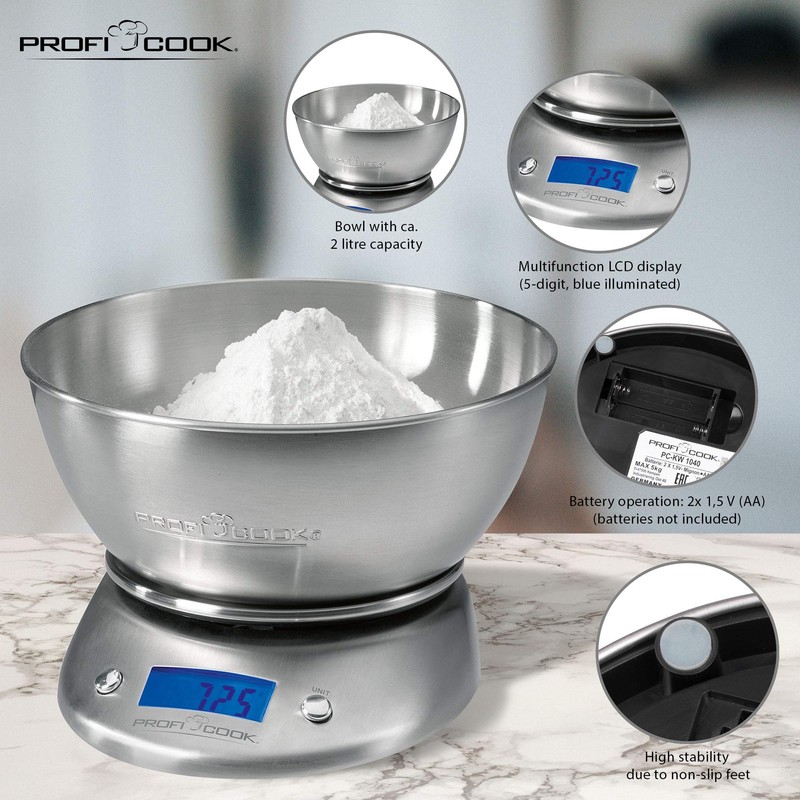 ProfiCook PC-KW 1040 Digitale Küchenwaage, Gehäuse, Schüssel und Wiegefläche aus