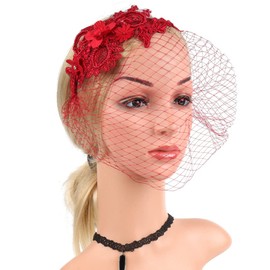 Beaupretty Makeup Headband Womens Fascinators Hat Bridal Wedding Veil Mesh Lace Tea Party Headwear Red