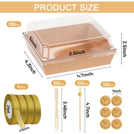 CADVJXZ 100 Pack Charcuterie Boxes with Clear Lids, 5.5 Inch Mini To Go Charcuterie Food Containers+200 Cocktail Picks+100 Lables, 504 Pcs Disposable Paper Dessert Boxes for Salads,Dessert Cake