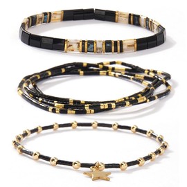 SHINUS BOHO Tila Flat Gold Beaded Star Bracelets Stack for Women,6PCS Bohemian Black Square Small Beads Stackable Stretch Bracelets Set Vintage Accessories Jewelry Friendship