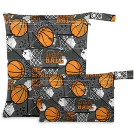 visesunny Basketball Abstract Grunge Sport Pattern 2Pcs Wet Bag with Zippered Pockets Washable Reusable Roomy for Travel,Beach,Pool,Daycare,Stroller,Diapers,Dirty Gym Clothes, Wet Swimsuits, Toiletrie