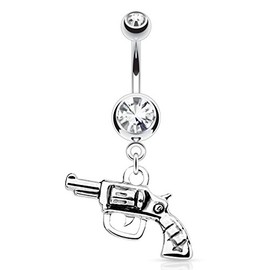 Pierced Owl 14GA Stainless Steel Gun with Clear Gem Dangling Belly Button Ring