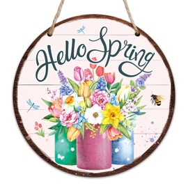 Spring Hanging Decor For Front Door, Mason Jar Flowers Welcome Spring Round Sign Decor For Farmhouse Home Yard Porch, Hello Spring Decorations, Spring Wall Plaque Gifts For Friends Family -03