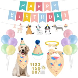 Dog Birthday Party Supplies Pastel Dog Birthday Bandana Set with Puppy Bandana Boy Girl Dogs Bday Hat Bow Tie Scarf Banner Balloons Bday Colorful Puppy Party Supplies for Dogs Pets Celebration Outfit
