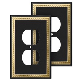 Pearled Frame Decorative Wall Plate Switch Plate Outlet Cover (Single Duplex 2PK, Black & Dark Golden)