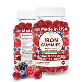 Lunakai USA Made 100% Daily Value Iron Gummies with Vitamin C, B12 & Methylfolate – Vegan Iron Supplement for Women, Men & Kids – Non-GMO Iron Gummy for Energy & Strength, 60ct