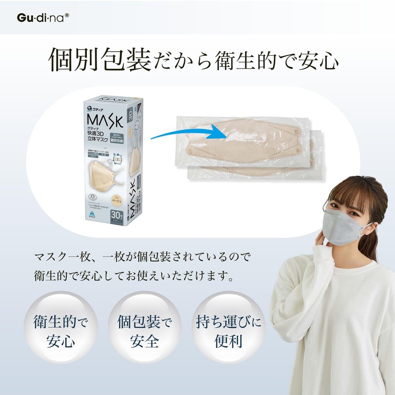 青山通商株式会社 [3個セット] グディナ 快適3D立体 マスク 個包装 グレー ふつうサイズ 30枚入×3個セット