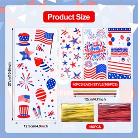 160 Pieces 4 Styles 4th of July Cellophane Treat Bags with Twist Ties, Patriotic USA Flag, Stars, and Fireworks Designs Clear Goodie Bags for Independence Day, Memorial Day, Veterans Day, and Party Favors