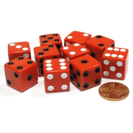 Set of 10 D6 16mm Dice, Inversed Pips- 5 Red w/White Pip and 5 Red w/Black Pip