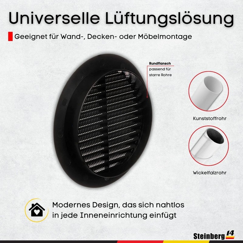 Steinberg14 Black Ventilation Grille 150 mm - Plastic Exhaust Grille