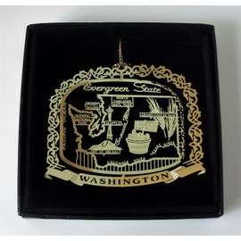 Washington State Brass Ornament Black Leatherette Gift Box
