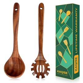 Wooden Spoons for Cooking, 2PCS Natural Teak Wooden Utensils, NonStick Kitchen Utensils Set for Stirring,Serving Spaghetti, Soup, Sauce (Ladle & Pasta Fork)