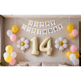 14. Set di palloncini per compleanno, con margherite, per 14 anni, decorazione per feste di compleanno, rosa, giallo, bianco, numero 14 margherite, palloncini in pellicola per 14 anni di anniversario