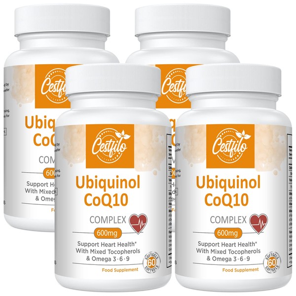 Ubiquinol CoQ10 600mg Softgel Capsules - Active Form of CoQ10 Plus Vitamin E & Omega 3 6 9 - Advanced Antioxidant Coenzyme Q10 - Heart and Brain Supplement (60 Count, Pack of 4)