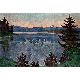 Tile Mural Invisible City of KITEZH by Anatoly Kaigorodov River Lake Reflection Domes Sunset Kitchen Bathroom Shower Wall Backsplash Splashback 3x2 6" Ceramic, Glossy