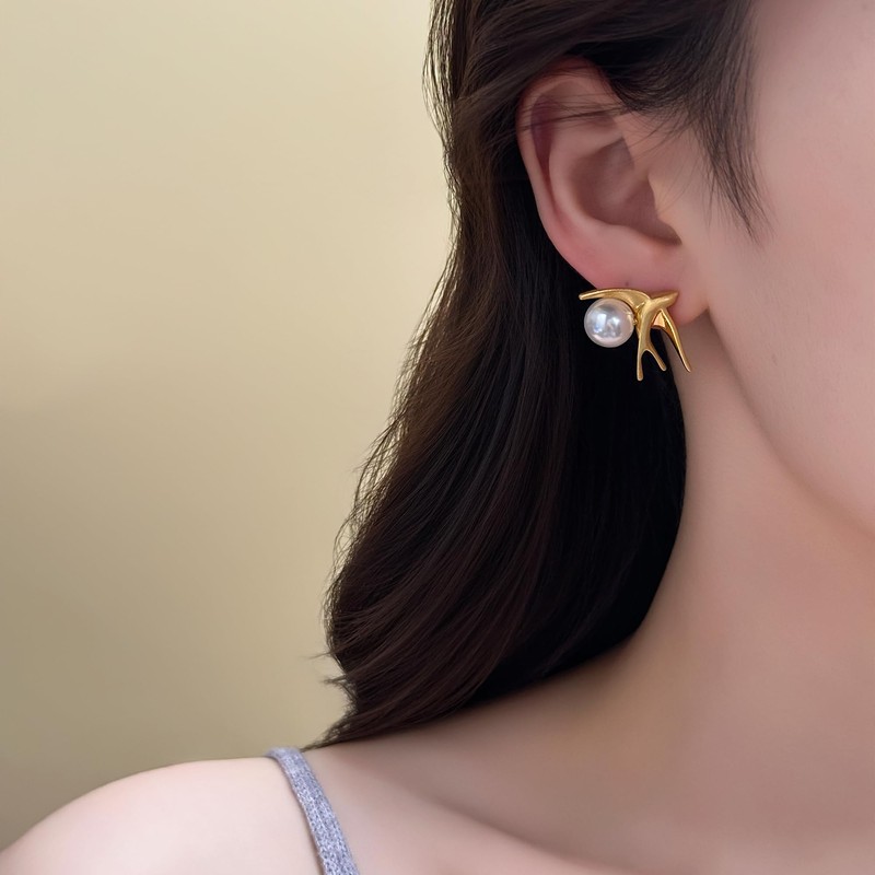 Xeyai 14K Gold Plated Swallow Bird Stud Pearl Earrings for